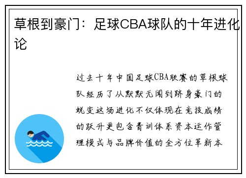 草根到豪门：足球CBA球队的十年进化论