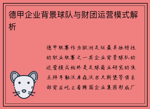 德甲企业背景球队与财团运营模式解析